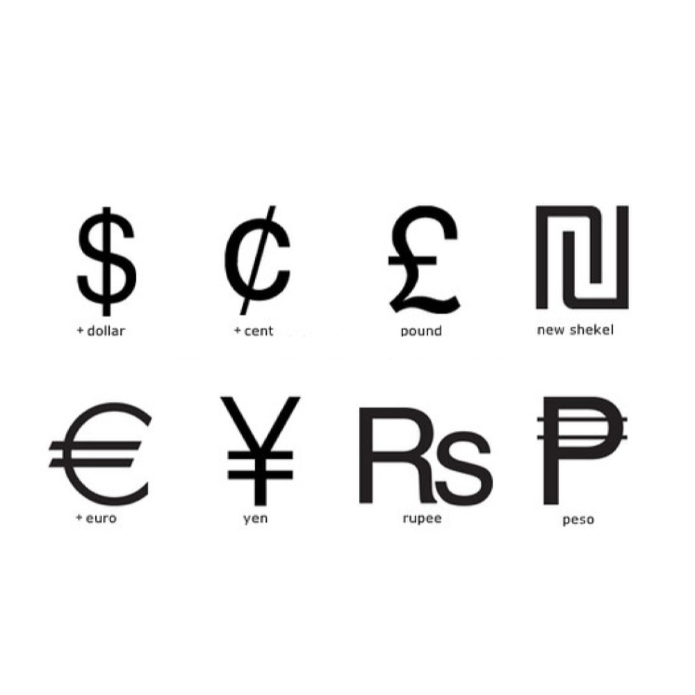 Валюта по английски. Знаки валют. Символы различных валют. Символы денежных валют.