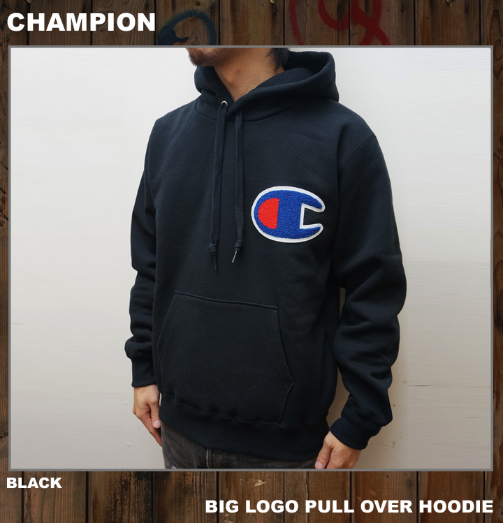 black champion hoodie with big logo